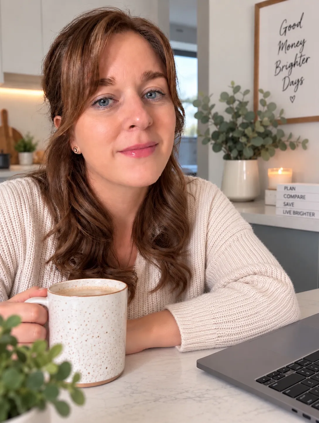 Alexandria (Alex) Buhot, founder of Money Detective Australia, at home with a coffee and laptop
