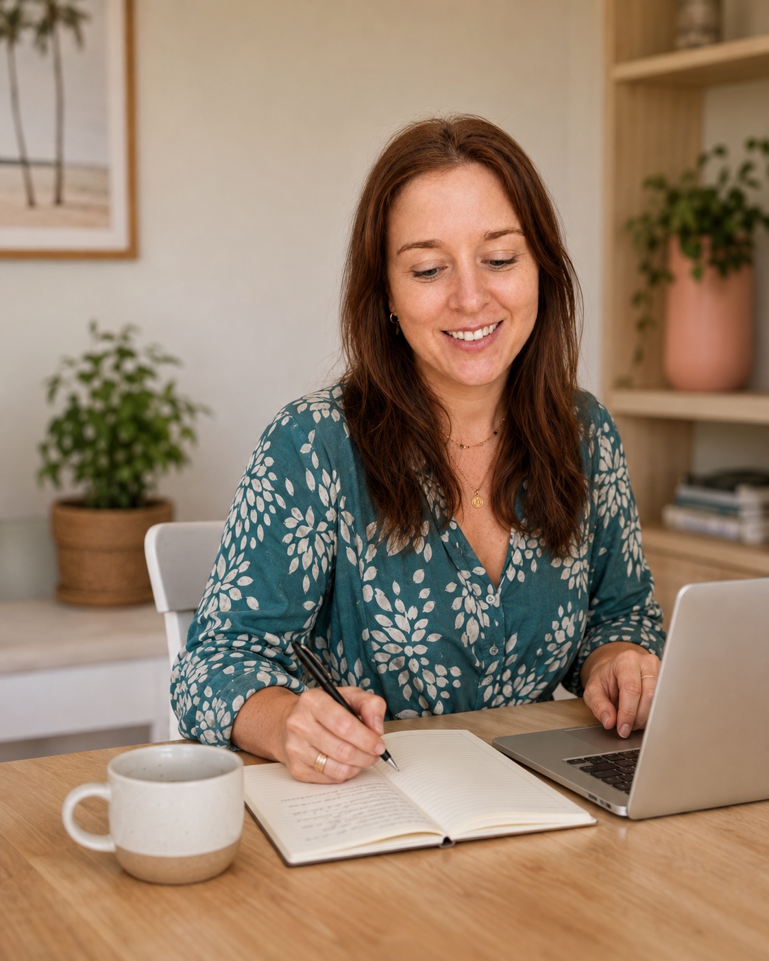 Alex B reviewing a household notebook beside a laptop at home