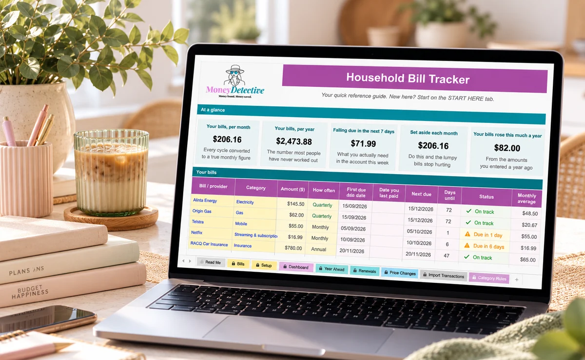 The Household Bill Tracker on a laptop showing the dashboard tiles and the bills table