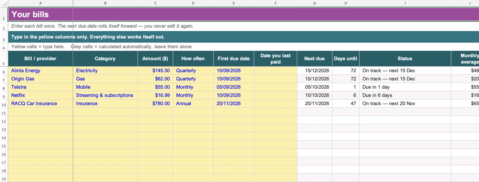The Bills tab where each bill is entered once with its amount, how often it is due and the first due date