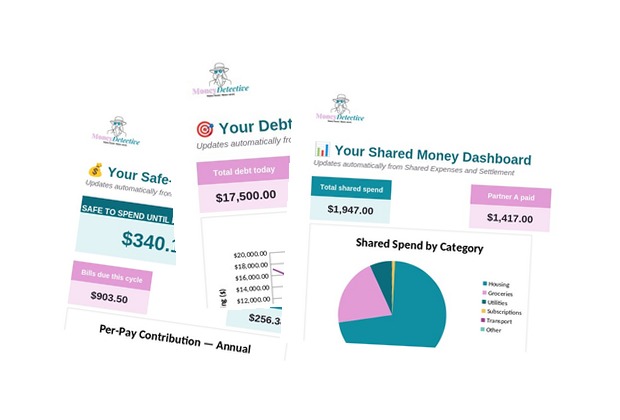 Three of the Money Detective dashboard templates, fanned out