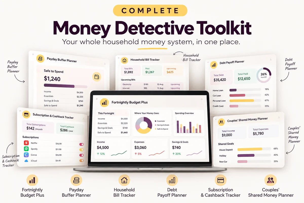 All six Money Detective dashboards laid out together