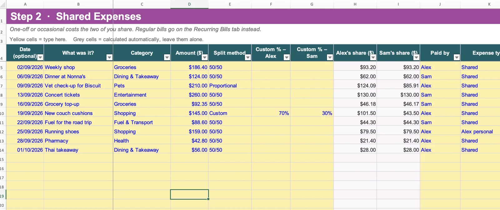 The Shared Expenses tab, where you log one-off costs and choose how each is split