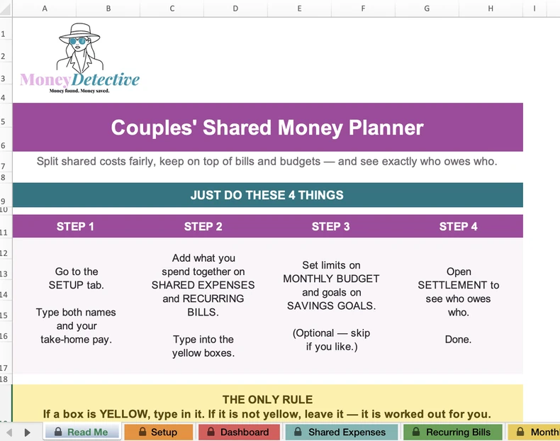 The Read Me tab of the Couples' Shared Money Planner, showing the four steps to get started