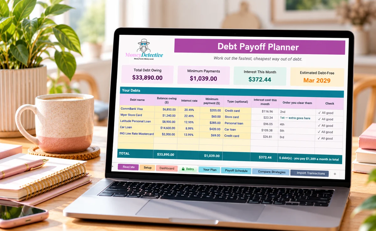 The Debt Payoff & Savings Planner on a laptop