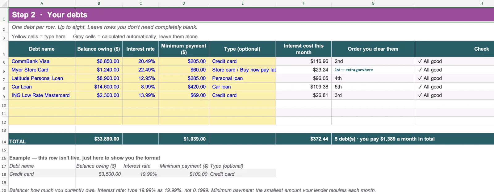 The Debts tab, where you list each debt with its balance, interest rate and minimum payment