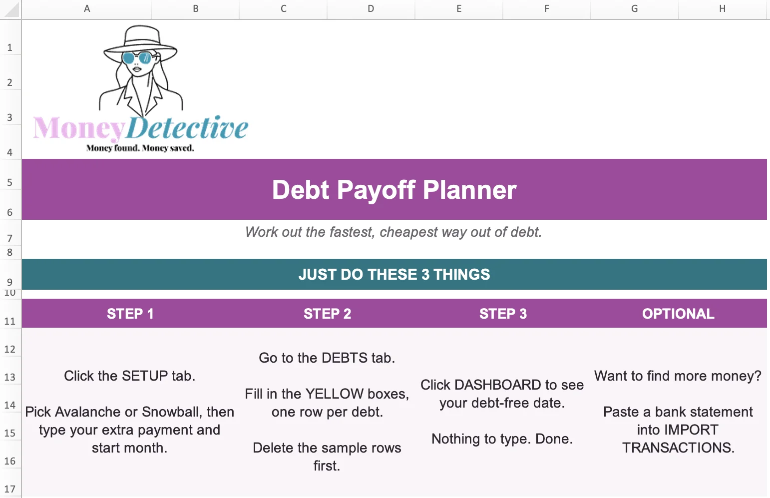 The Read Me tab of the Debt Payoff Planner, showing the three steps to get started