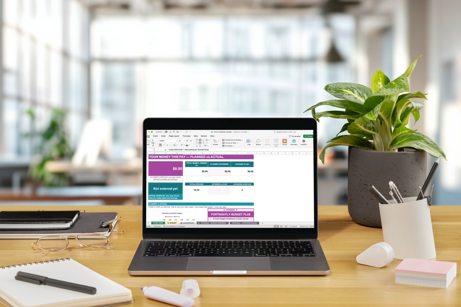 Free Fortnightly Budget dashboard on a laptop