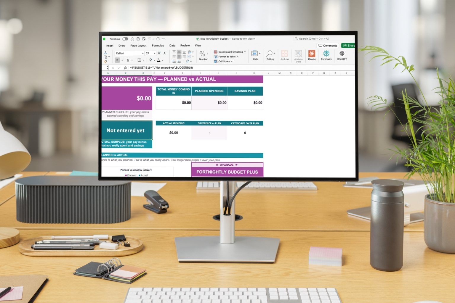 The Free Fortnightly Budget dashboard on a desktop monitor, showing planned surplus, actual spending and planned vs actual