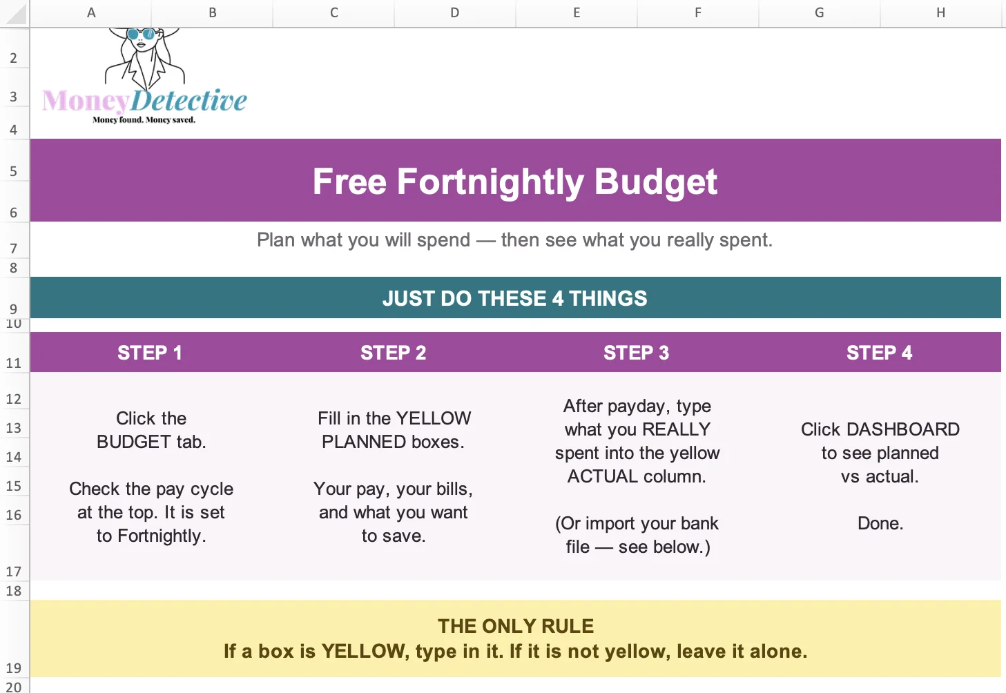 The Start Here tab of the Free Fortnightly Budget, showing the four steps to get started
