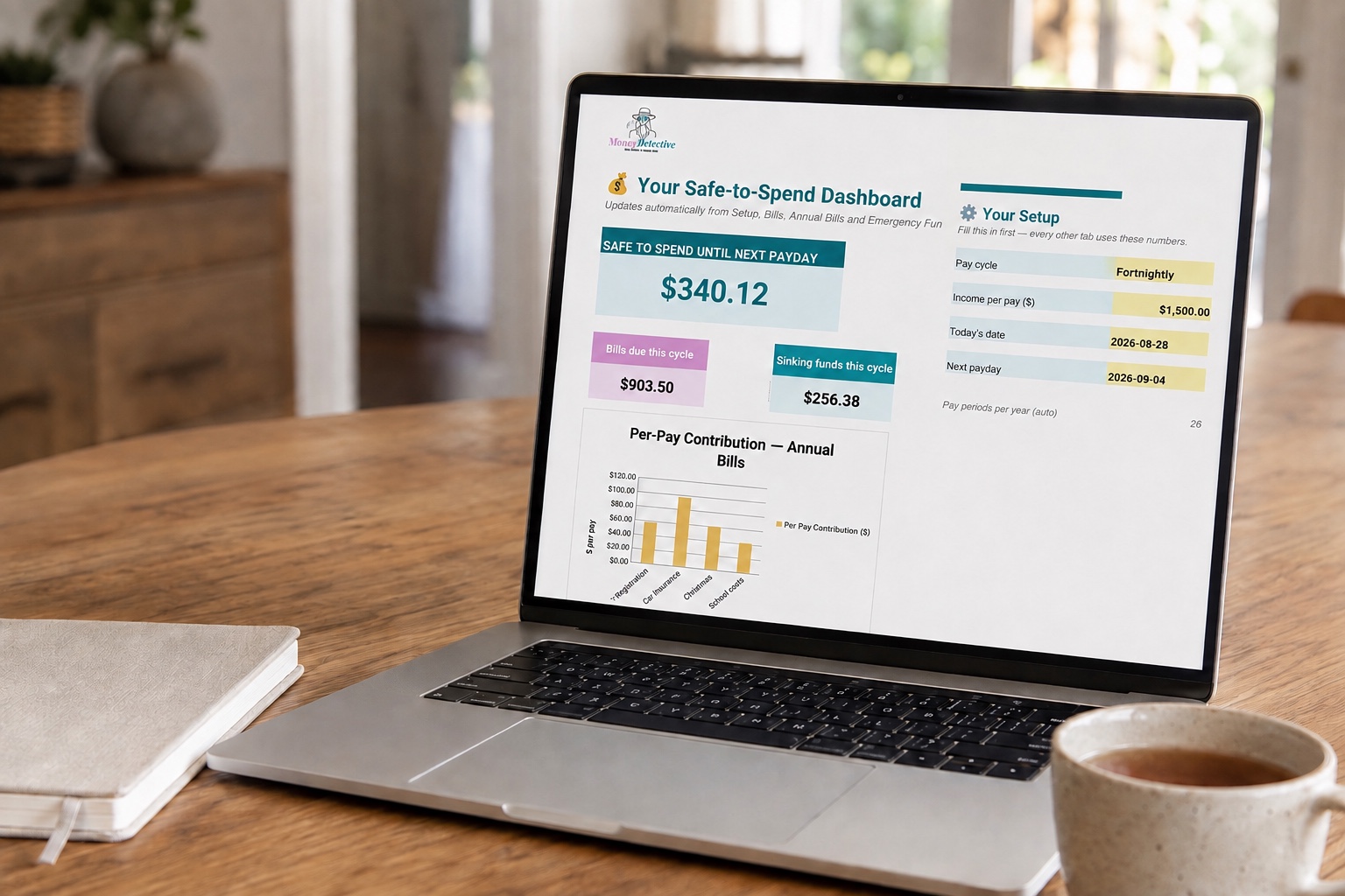Payday Buffer and Annual Bills Planner displayed on a laptop in a warm Australian home