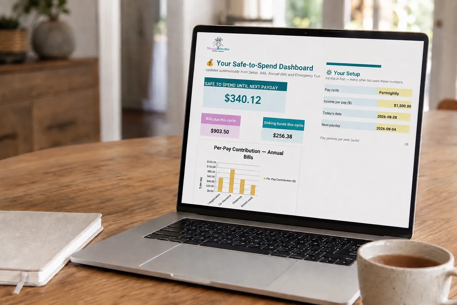 A Money Detective payday planner displayed on a laptop in a warm Australian home