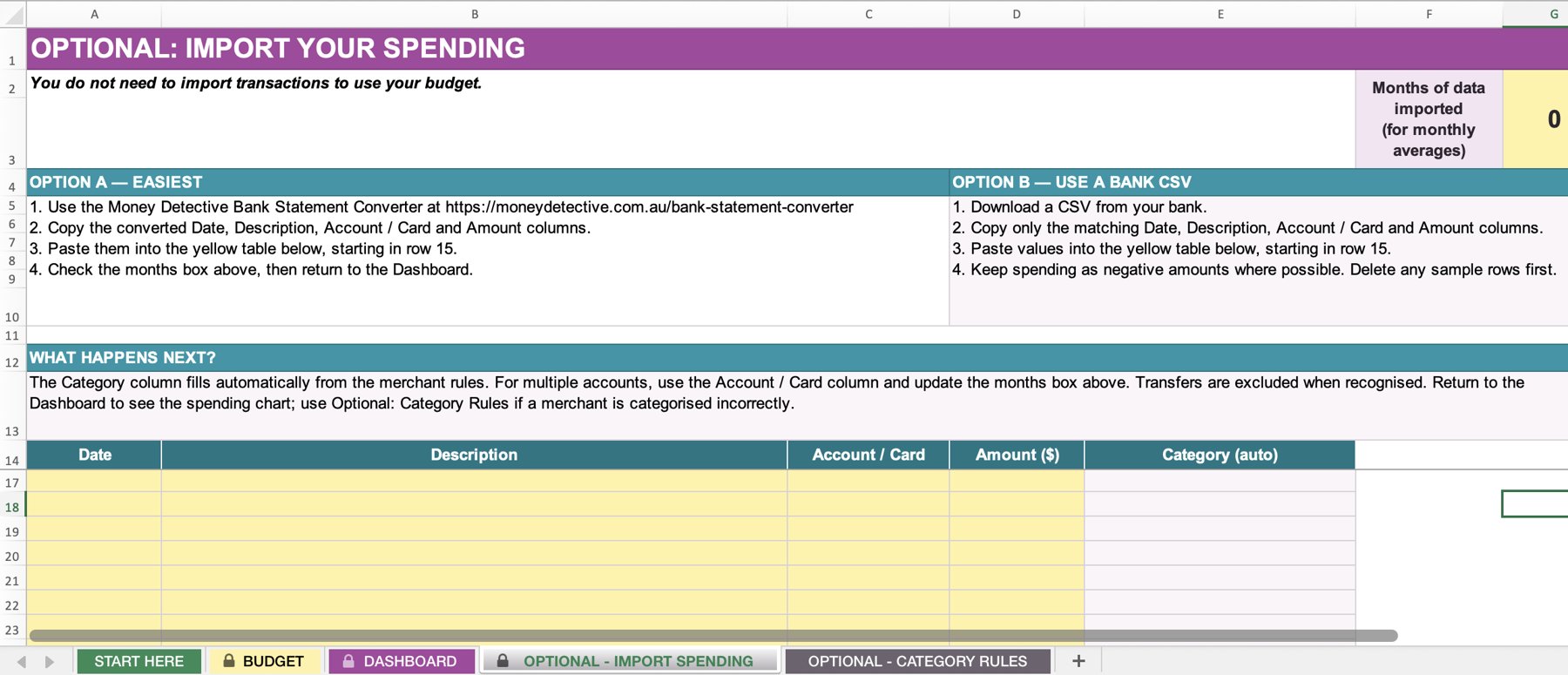 The optional import tab, with steps for the Money Detective Bank Statement Converter or a bank CSV and a yellow table for transactions
