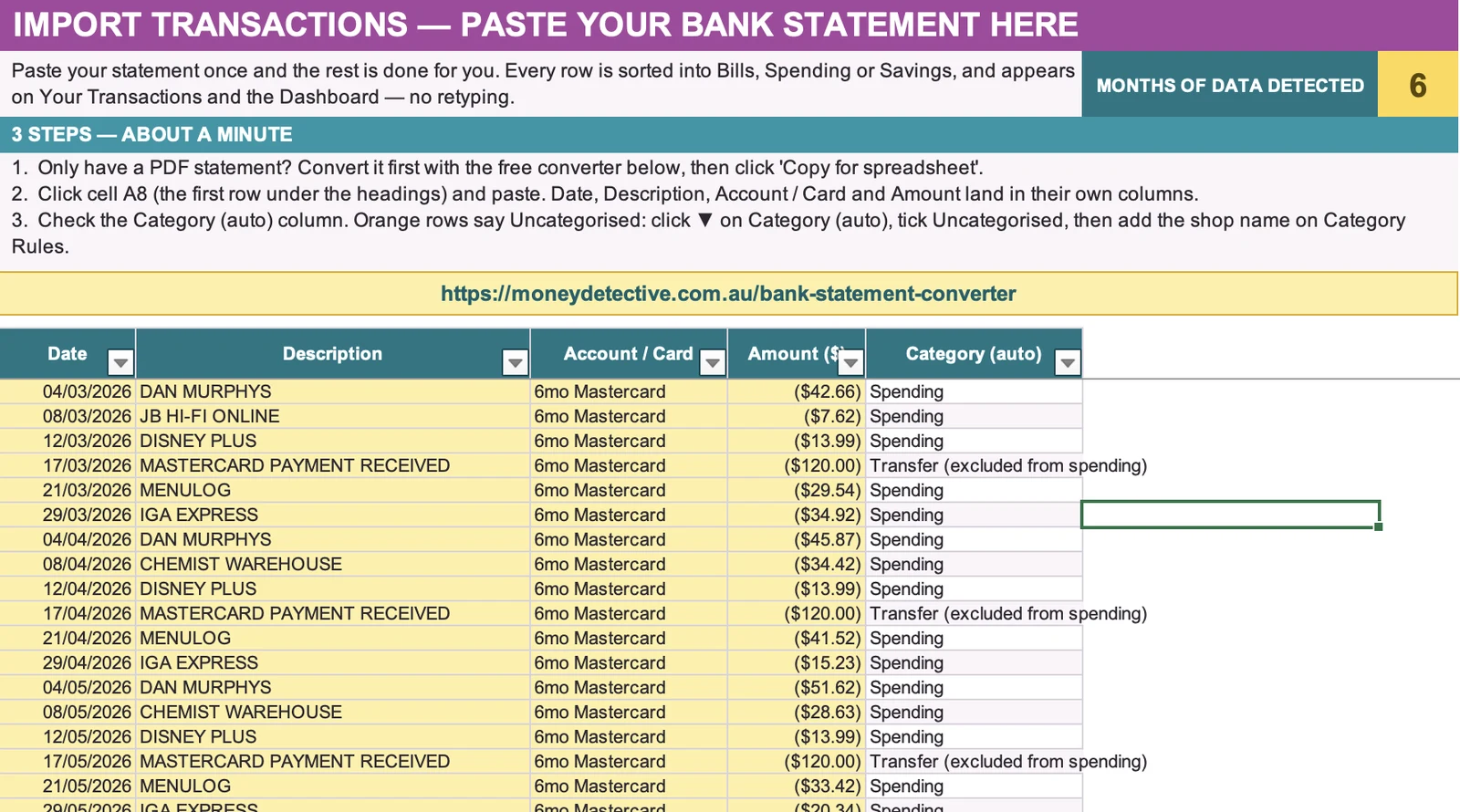 Import Transactions tab with a bank statement pasted in and categories filled in automatically