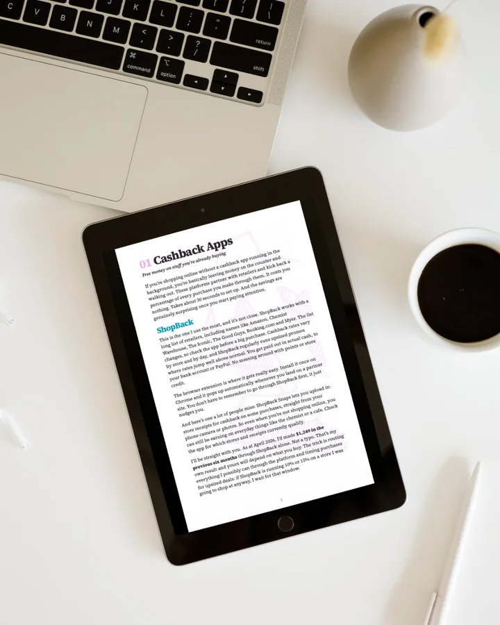 The cashback apps chapter open on a tablet