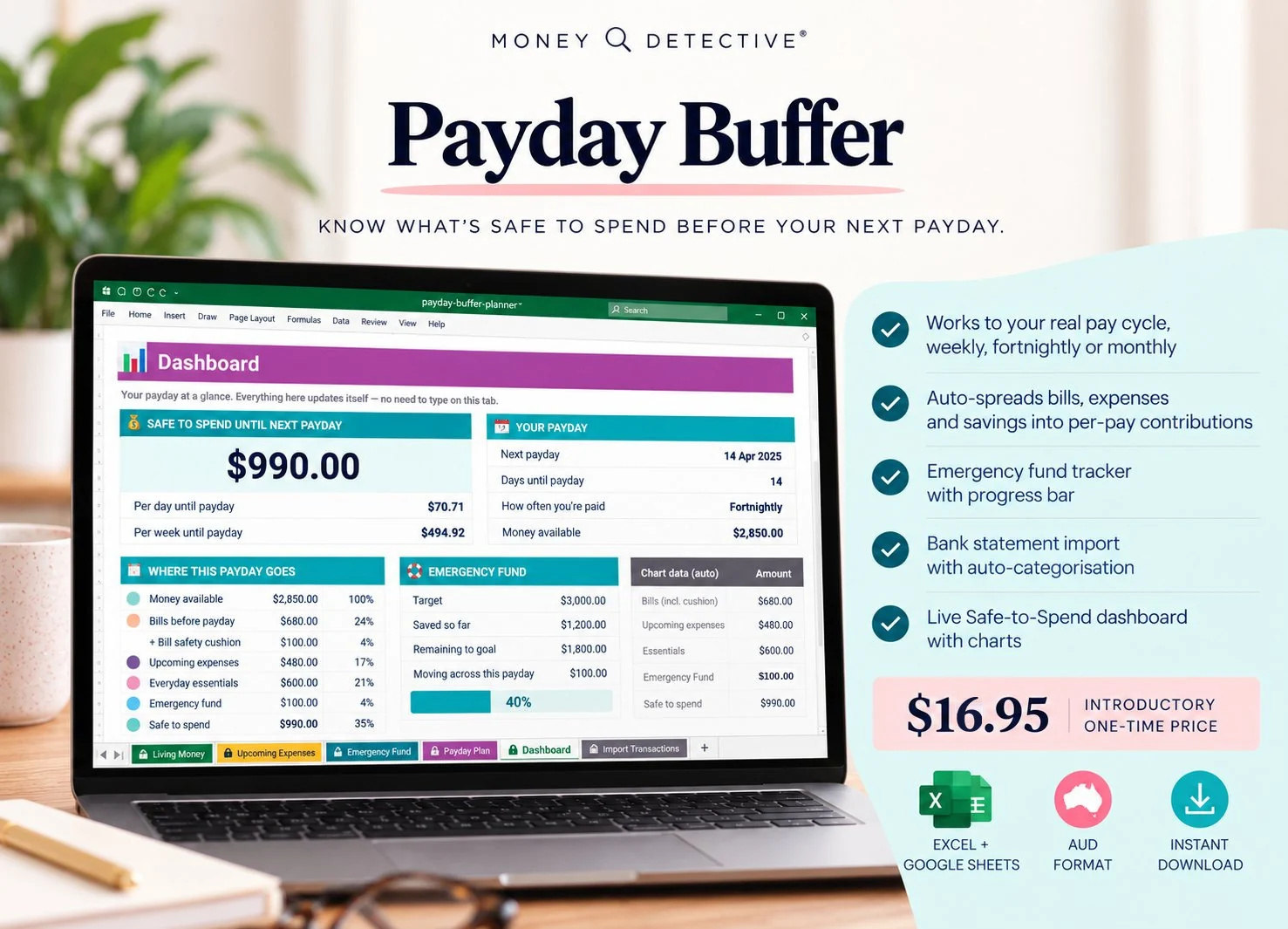 Payday Buffer and Annual Bills Planner shown on a laptop: the Dashboard with $990 safe to spend until next payday.