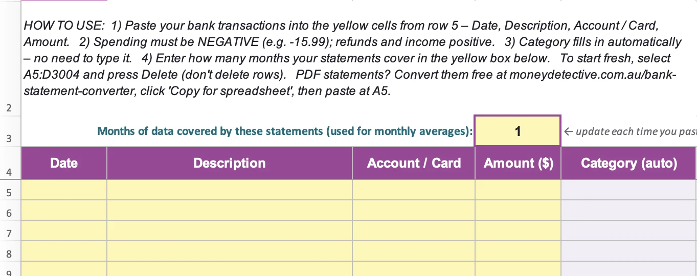 Import Transactions tab with yellow cells to paste a bank statement into